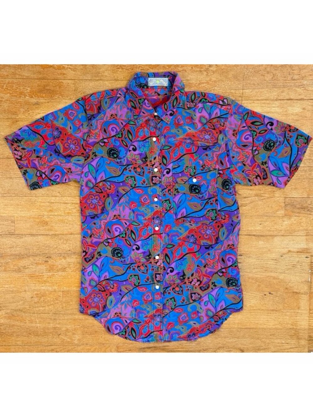 Vintage Psychedelic Floral Print Silk Blouse Size Small 80s Oversized Shirt